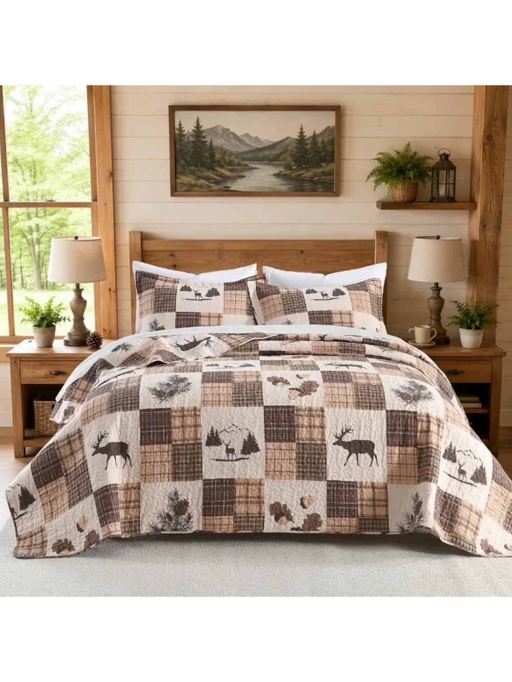 Lightweight 100% Cotton Queen Quilt Set - Deer & Plaid Design, 3 Pieces